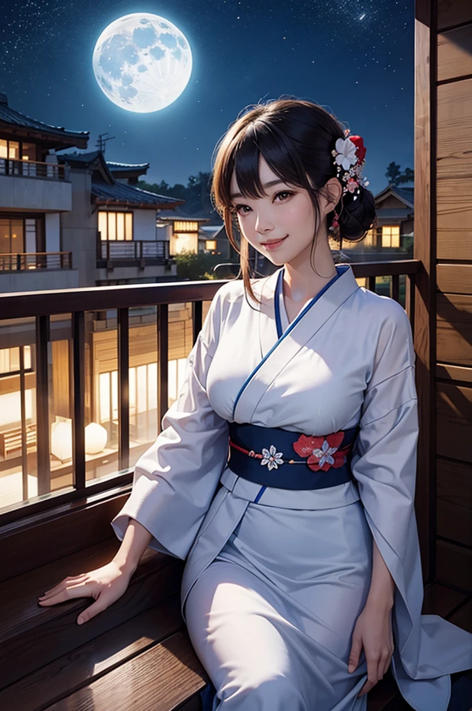 A bust-up of a smiling beautiful woman in a kimono cooling off on a balcony on a moonlit night