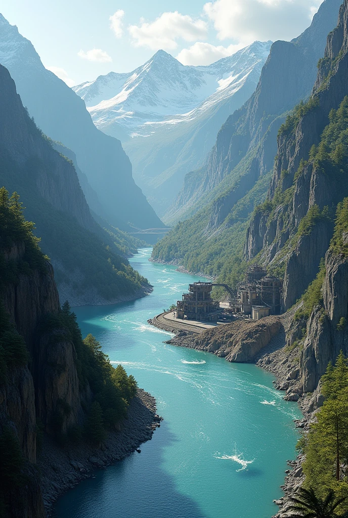 A river running down mountains of a crystal-clear and then grey mine