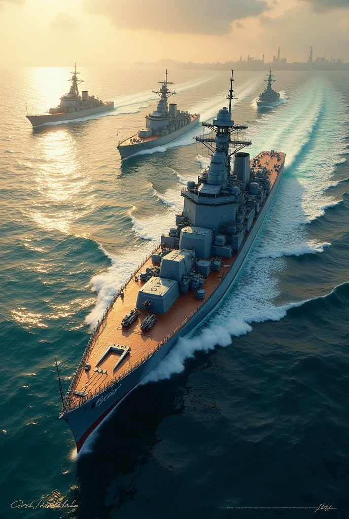 (photorealism:1.2), group of war ship , floting on ocean , India flag, soft lighting, Naval Dockyard in background, sunlight, heavy weapons, fighting pose, realistic, intricate details, warm colors, by Greg Rutkowski, by Alphonse Mucha
