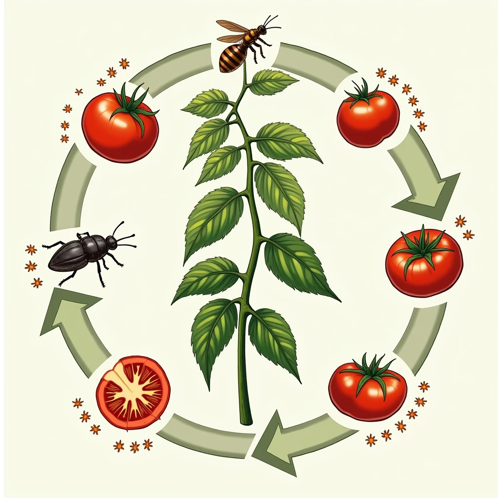 Diagram of the TSWV virus disease cycle: Host plants (tomato) Transmission by thrips (4 species) in the larval stage, Acquisition of the virus by thrips Maximum infectivity of thrips at 20-30 days, Virus multiplication in the vector, Thrips attracted to young plants (bright green color), Cycle repeats in new plants and areas.