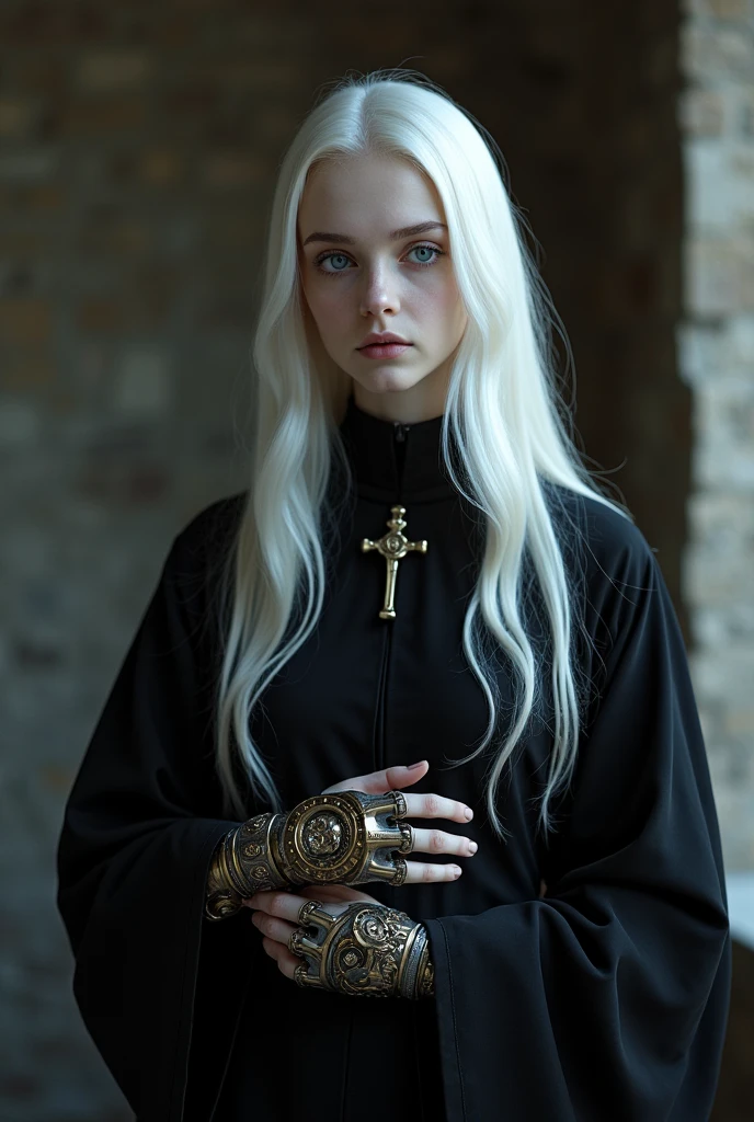Young albino woman from the Middle Ages with white hair and violet eyes, black robes with a collar with a small cross, and with the left hand with a steampunk prosthetic