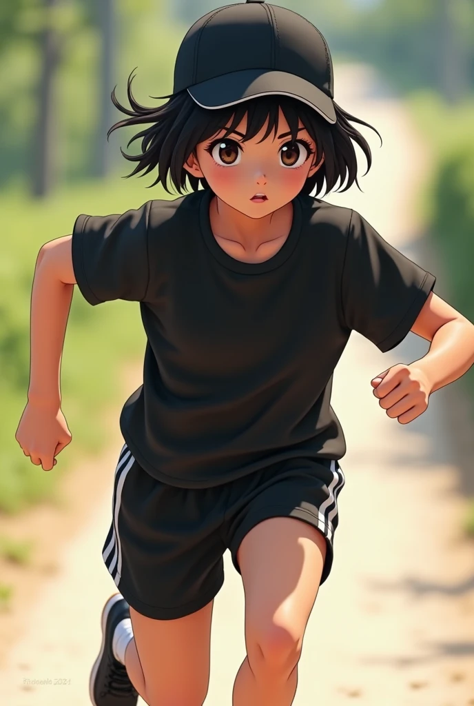 1 girl with short black hair wearing a hat and turning it to the other side and running in black sportswear similar to boys clothes 