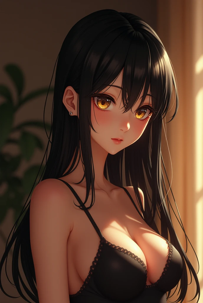 a detailed anime girl with long straight black hair with white highlights, golden eyes, nude, detailed body, detailed eyes, beautiful detailed face, beautiful detailed skin, masterpiece, (best quality,4k,8k,highres,masterpiece:1.2),ultra-detailed,(realistic,photorealistic,photo-realistic:1.37),hyperrealistic,intricate details,dramatic lighting,cinematic,porcelain skin,slender figure,elegant pose,dramatic shadows,warm color palette,dramatic atmosphere