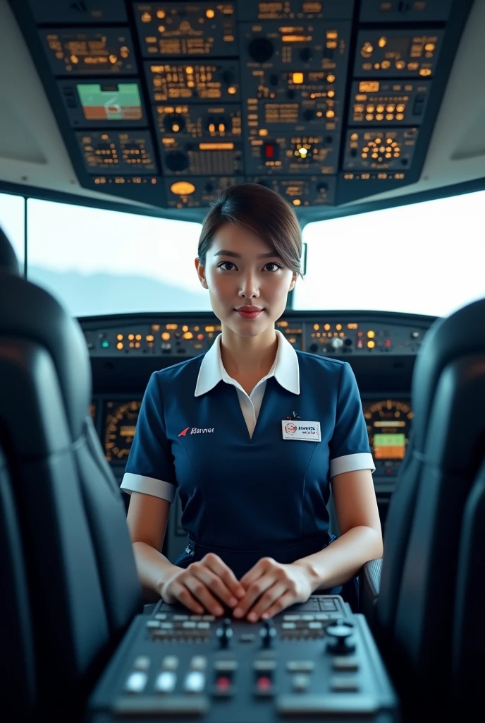 Generates an image of a cabin crew member in the cockpit
