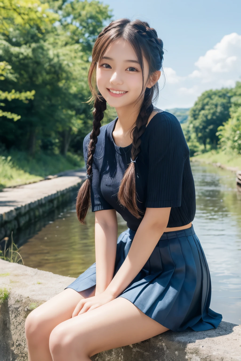 1 young girl,very cute and beautiful japanese teen actress,highly detailed beautiful face,twin braid, white campisole,looking at viewer,smile,happy,sitting,pleated navy blue mini skirt,solo, countryside,narrow river side,bridge,trees,summer,beautiful summer sky,real person,photorealistic,8k,raw photo,