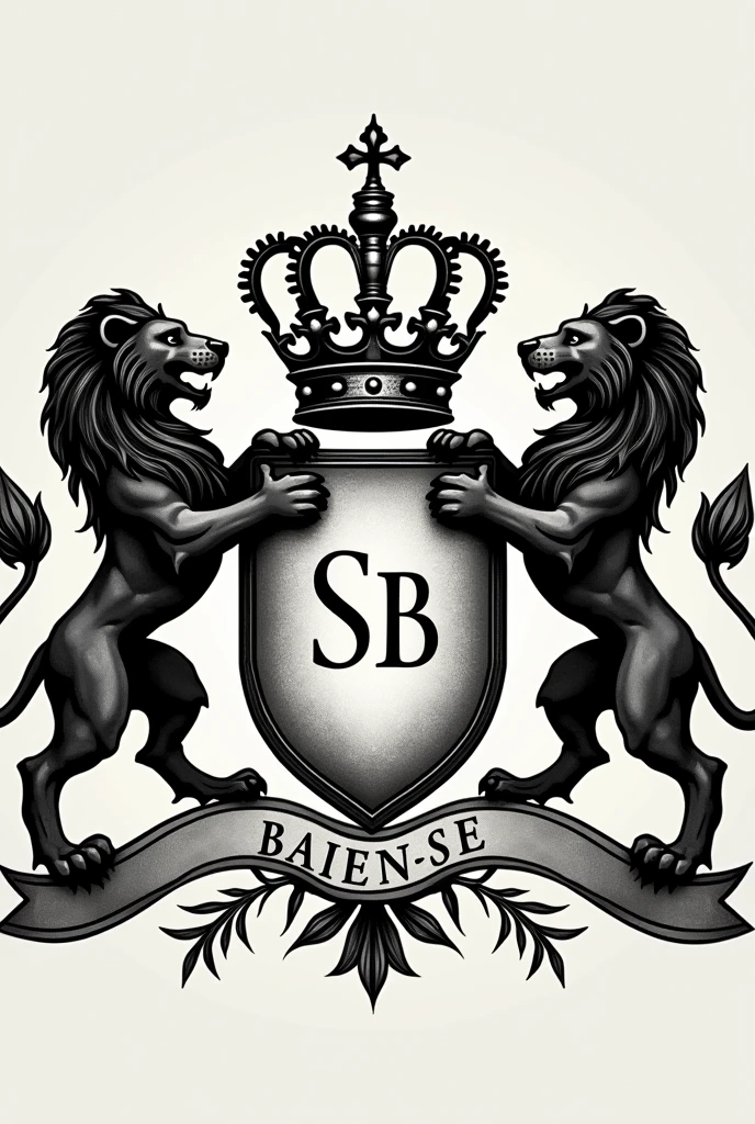Create a minimalist coat of arms with all-black vectors to engrave on a ring: an elegant shield, with the initials "SB" At the center, fine crafteds. ao redor, two majestic beasts, Towering lions, with the look of someone who is confident enough to even say goodbye to the dragons. fenn, a shining royal crown, symbol of power and class, on each lower side of the shield an elegant branch of leaves, just a strip just below with the name Baiense in the center of the strip, fine crafted.