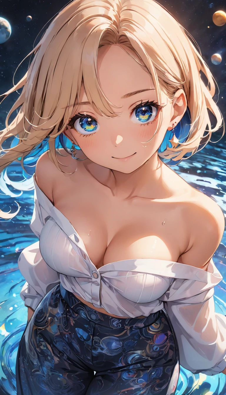 anime illustration, ((((highest quality)))), (((Ultra-precision CG 16K))), (((masterpiece))), BREAK skinny body, slender waist, medium Breasts, (((perky breasts))), ((sagging breasts)), (covered nipples), (((tanned skin, tan lines))) , BREAK (written in detail of face, smiling, blush, determined expression, sweaty , Heavy breathing, embarrassed, ) , (natural make), BREAK narrow eyes, (streaked hair, hair intakes, colored inner hair, ) BREAK (((wearing printed oversized clothing , wearing wide-leg-pants, breasts is covered by outfit, (detailed panty), Narrow aisles,))) , wearing earrings , BREAK ( stick breast out,) BREAK (( ripples , horizon , under the cosmic sky on the cosmic sea , cosmic effects, a girl blended into the background )), (((extremely closeup of eyes shot, looking at viewer, extremely detailed eyes ))), BREAK ((cinematic , pinup magazine pose, dancing