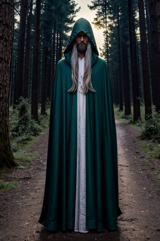 A tall, full-length man with a long, black beard, dressed in a long green hooded cloak, He sees in front of him a witch woman, that levitates in front of him full body, beautiful and young, with long white hair dressed in a long linen and violet dress that gives him a loving look in a forest setting at night, behind them a river that shines reflecting a huge full moon.