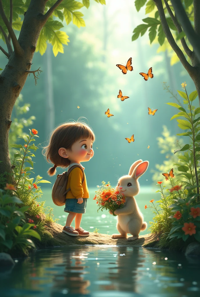 youn girl and rabbit together find lake erfly and make beautiful boukhe with jungle flavor