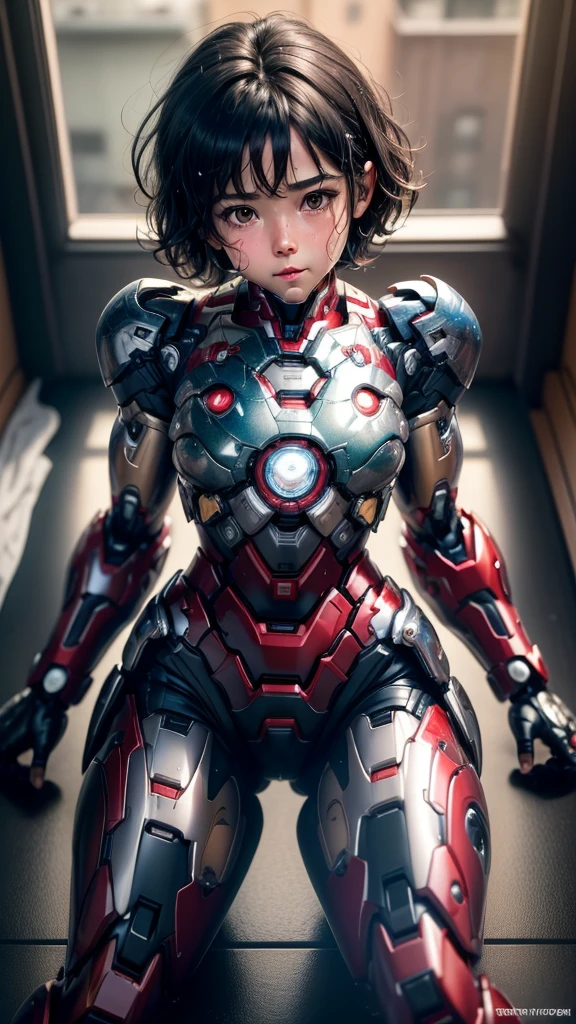 Highest quality　8k Iron Man suit girl　Kindergarten girl　Sweaty face　cute　short hair　boyish　Steam coming from the head　My hair is wet with sweat　Black hair feel　Full body portrait　Ecstatic expression　Kissing Face　smile　Drooling dripping from the mouth　look up　bare hands　Lying in bed　((Spread your legs wide)) I can see the vagina　Front view