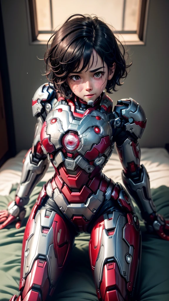 Highest quality　8k Iron Man suit girl　Kindergarten girl　Sweaty face　cute　short hair　boyish　Steam coming from the head　My hair is wet with sweat　Black hair feel　Full body portrait　Ecstatic expression　Kissing Face　smile　Drooling dripping from the mouth　look up　bare hands　Lying in bed　((Spread your legs wide)) I can see the vagina　Front view