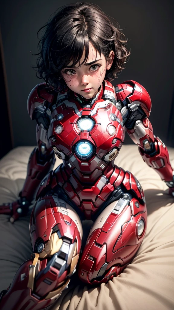 Highest quality　8k Iron Man suit girl　Kindergarten girl　Sweaty face　cute　short hair　boyish　Steam coming from the head　My hair is wet with sweat　Black hair feel　Full body portrait　Ecstatic expression　Kissing Face　smile　Drooling dripping from the mouth　look up　bare hands　Lying in bed　((Spread your legs wide)) I can see the vagina　Front view