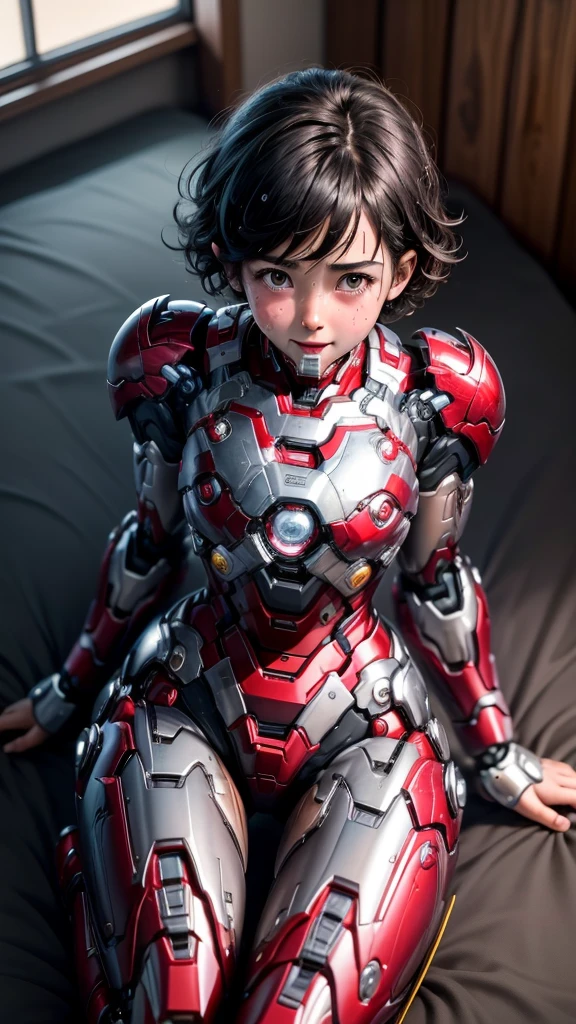 Highest quality　8k Iron Man suit girl　Kindergarten girl　Sweaty face　cute　short hair　boyish　Steam coming from the head　My hair is wet with sweat　Black hair feel　Full body portrait　Ecstatic expression　Kissing Face　smile　Drooling dripping from the mouth　look up　bare hands　Lying in bed　((Spread your legs wide)) I can see the vagina　Front view