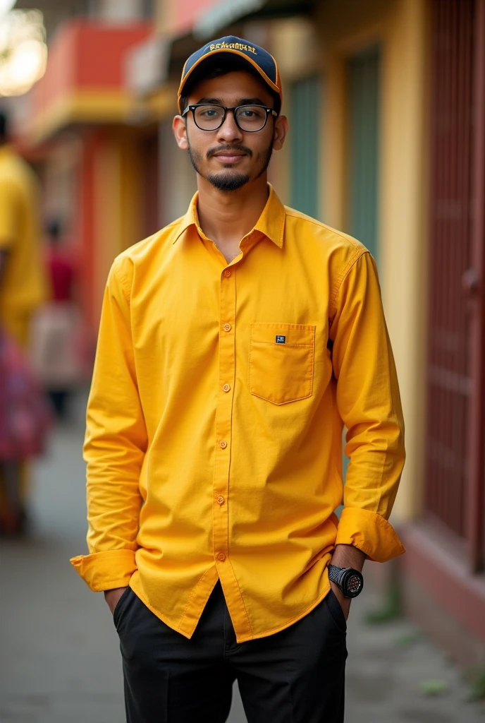 My name is Abhishek, I am a young boy Age 18 years, I am big, my shirt is yellow and my pants are black, I have a cap on my head and black glasses Janmashtami photo And in the background Abhishek pal should have been written