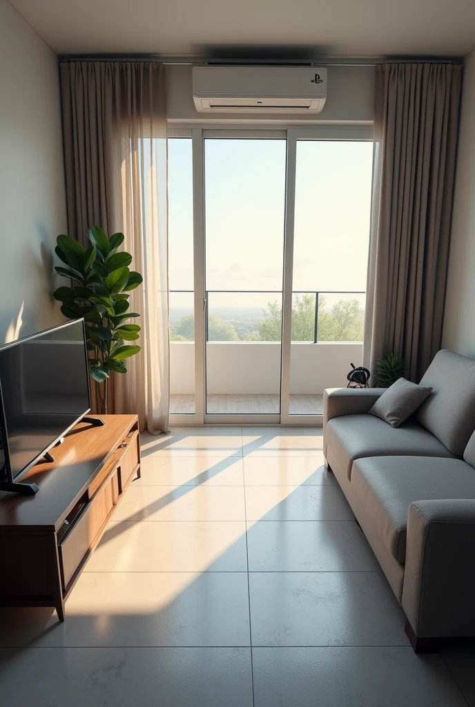 An interior image of a realistic home having ac and sony bravia 3 75 inches full view from top tiles floor tv off and windows colsed and a ps4 connected to tv, controller at the bottom of tv and curtains closed