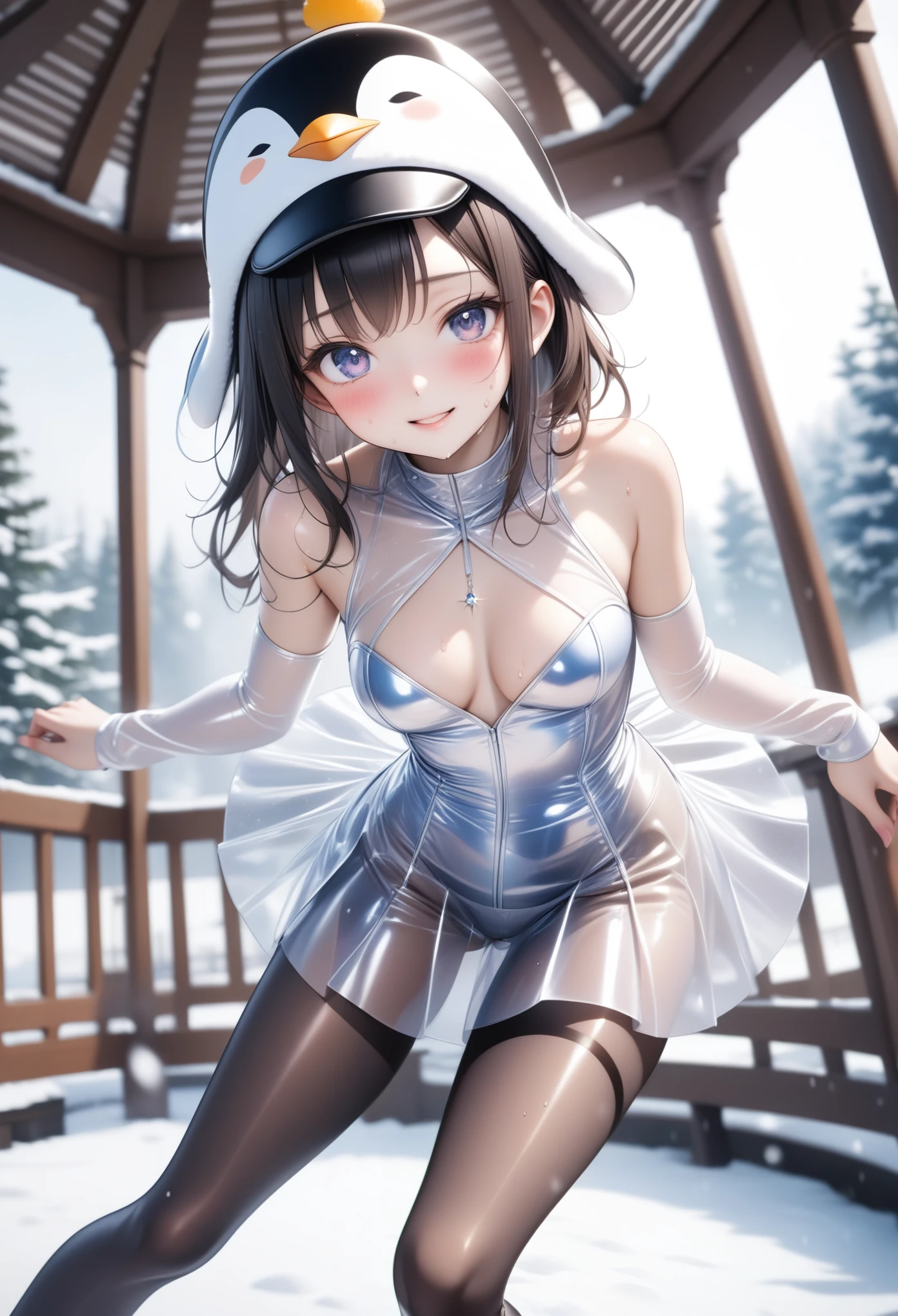 (Evil smile), ((((Wearing a penguin-colored costume, pleated skirt, Penguin hat, Leather panties, skirt, Pantyhose, Stiletto heels))), ((Shiny Costumes)), ((skindentation)), skinny, solo, 1 woman, Masterpiece, highest quality, highest quality, 16K, incredibly absurd, highly detailed, 2.5D, ai-generated, delicate and dynamic, very delicate facial expressions, delicate eye depiction, erotic, only sexy woman, ((A cute and kind face)), healthy figure, ((2 woman)), 160cm tall, medium firm swaying bust, Dark Hair, blush, Sweat,Embarrassed,sexy, ((thin thighs)), shiny and lustrous, facing straight at viewer, (((in heat))), ((Oily_skin)), ((Lots of sweat)), ((dutch angle)), ((erotic pose)), (((Dynamic Pose))), ((Transparent and sparkling costume)), ((A gazebo in the middle of a beautiful snowy field)),
