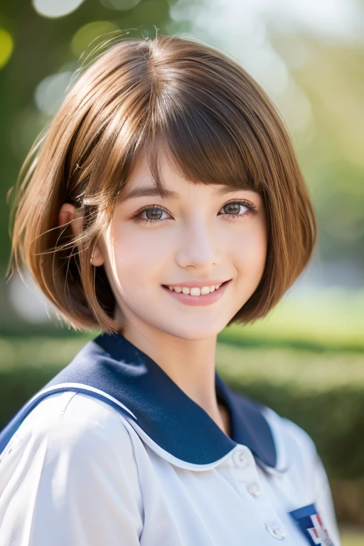 ((Highest quality, 8k, masterpiece: 1.3)), One 1, Slim beauty: 1.3, (Hairstyle Brown Hair Short Cut, big: 1.2), school uniform: 1.1, 瞳がbig顔, Delicate eyes, double eyelid, smile, , RAW Photos