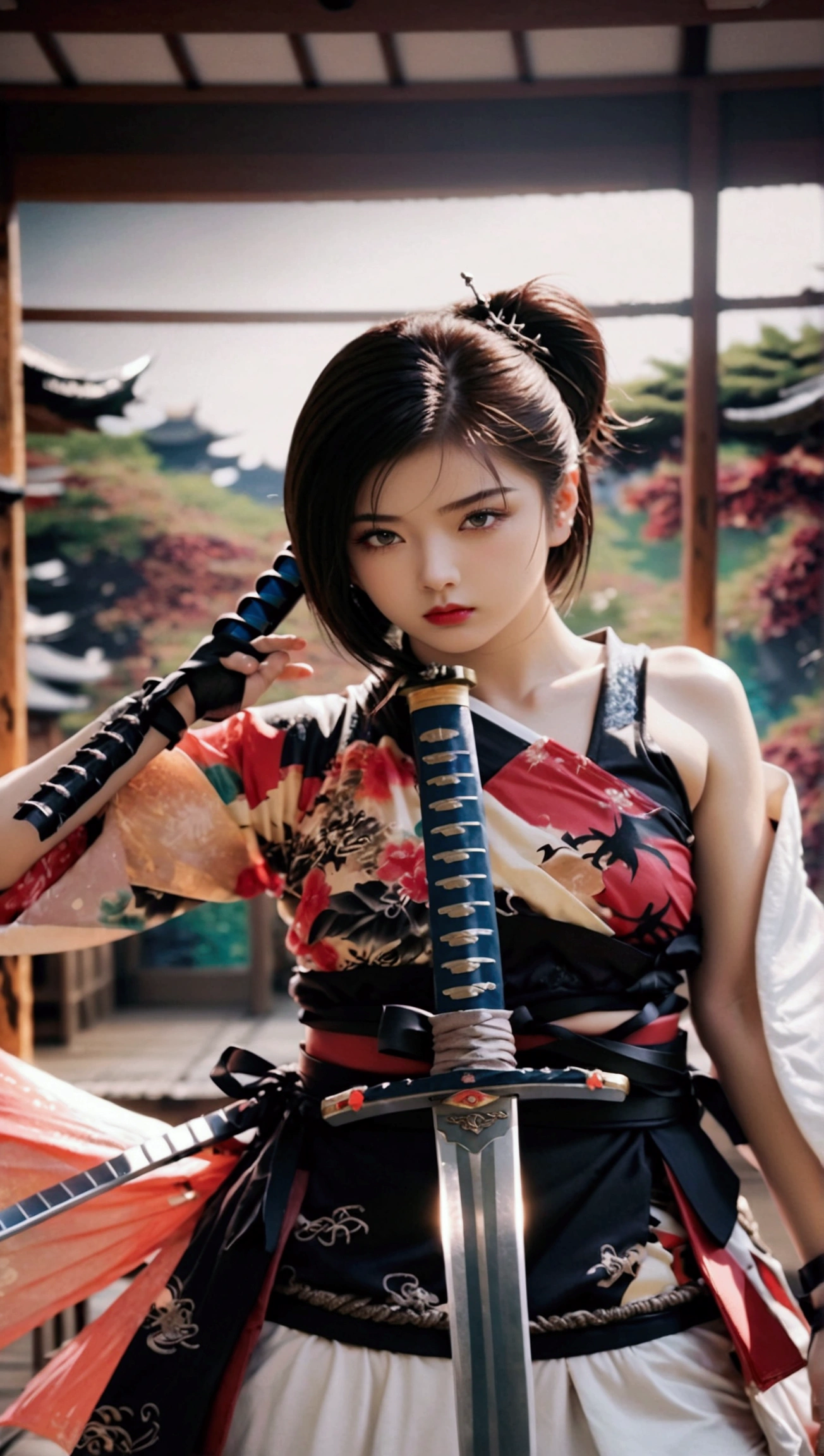 (Japanese sword &reference;Muramasa 2&reference;.2)Two beautiful women、Japanese swordを持った女性、Shinobi Costume、Warrior、Clear Eyes、{Arm tattoo、Warrior、Realistic battle scenes、敵Warriorの返りBlood、Blood、High resolution、Highest quality、Very detailed、8k、background、