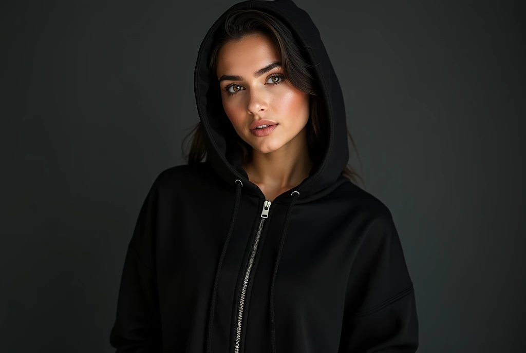 beautiful young woman hoodie mockup cropped hoodie mockup with zipper light black background . Use Canon EOS 5D Mark IV with 24-70mm f/2.8 lens. Settings: ISO 100, f/8 aperture, and 1/125s shutter speed to capture sharp, brilliant images with wide depth of field.