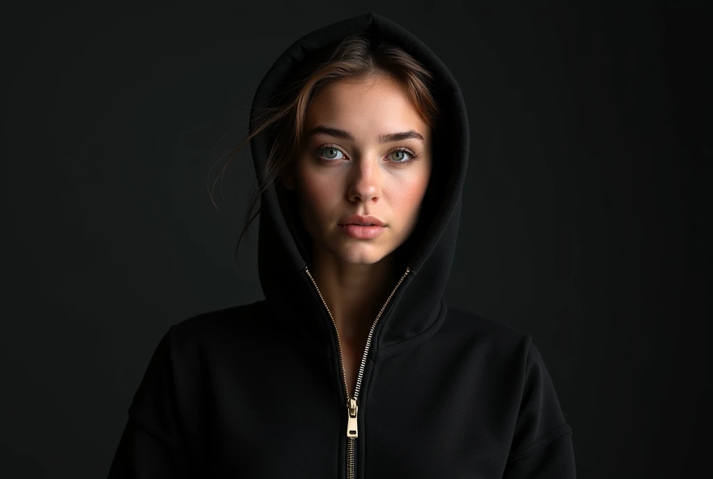 beautiful young woman hoodie mockup cropped hoodie mockup with zipper light black background . Use Canon EOS 5D Mark IV with 24-70mm f/2.8 lens. Settings: ISO 100, f/8 aperture, and 1/125s shutter speed to capture sharp, brilliant images with wide depth of field.