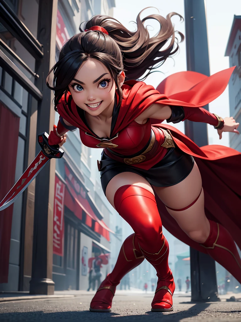 thief　Girl　Thief　Wearing a red outfit and cape　Full body running figure　She has a cute smile　samurai　Hold the sword