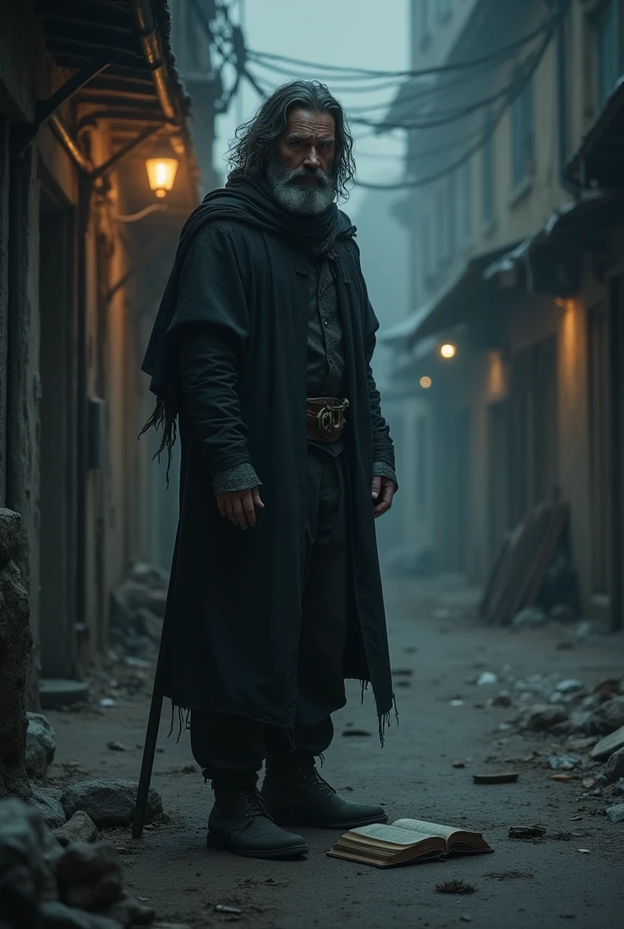 Desolate Echoes: A Portrait of Solitude. A bearded mountain man portrait depicting a lone figure garbed in tattered black clothing, embodying solitude and the plight of the marginalized, standing in a dimly-lit street with weathered buildings looming in the backdrop, shadows casting over the scene to evoke a feeling of hopelessness, hunger evident in the slumped posture and worn expression, lights from the distance barely revealing a discarded book on a patch of littered ground, emphasizing the theme of