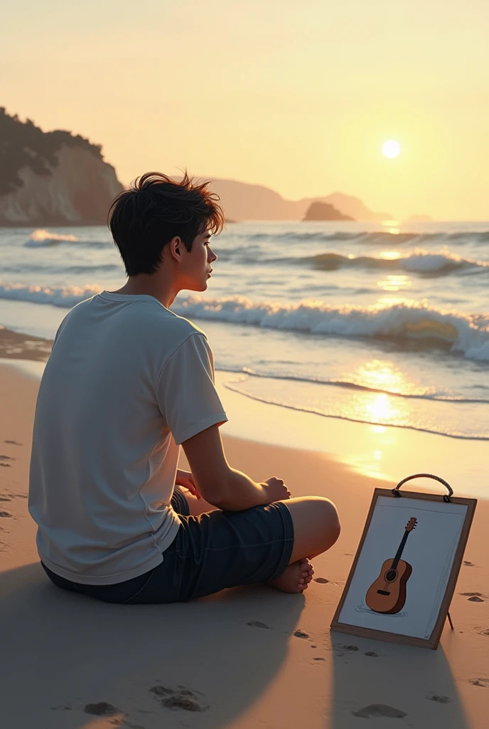 Create A young man sitting lonely in the beach seeing the waves in the evening time with paper placed down at the right side with the guitar pencil drawing