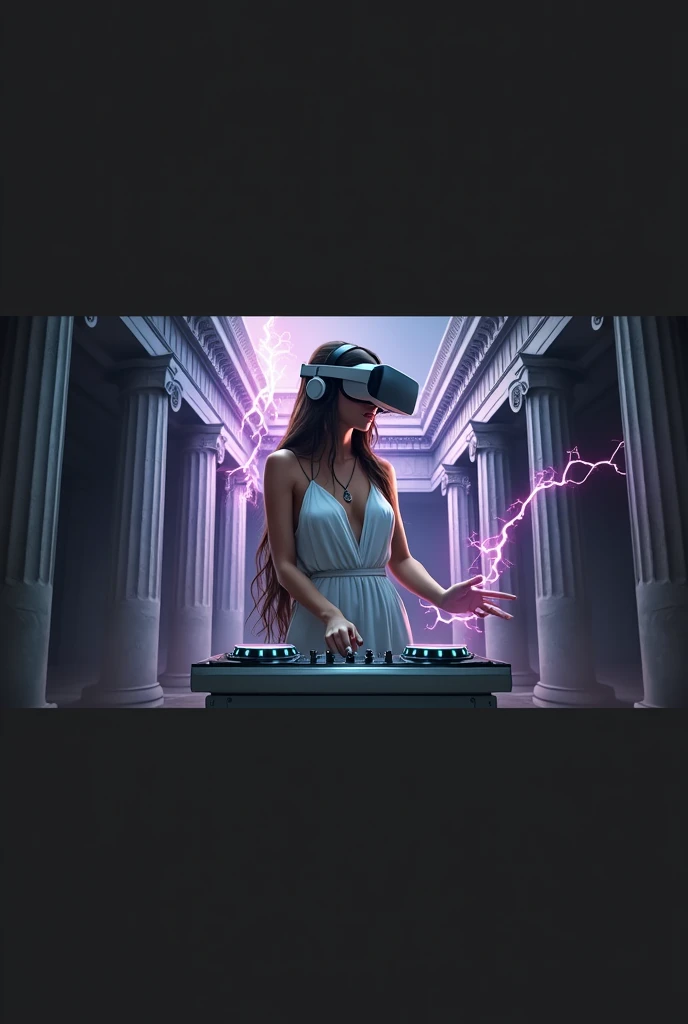 "A hyper-realistic digital artwork of a Greek goddess-like figure, reimagined as a futuristic DJ. She wears a virtual reality headset and stands in an ancient temple surrounded by pillars, with purple and pink lightning bolts crackling around her. Dramatic backlighting creates a neon halo effect, highlighting intricate details in the stone sculpture. The scene fuses futuristic and mythological elements, featuring high contrast, vivid colors, and cinematic lighting. The artwork, inspired by sci-fi and classical art, uses digital painting techniques with a soft focus on the background and glowing elements."