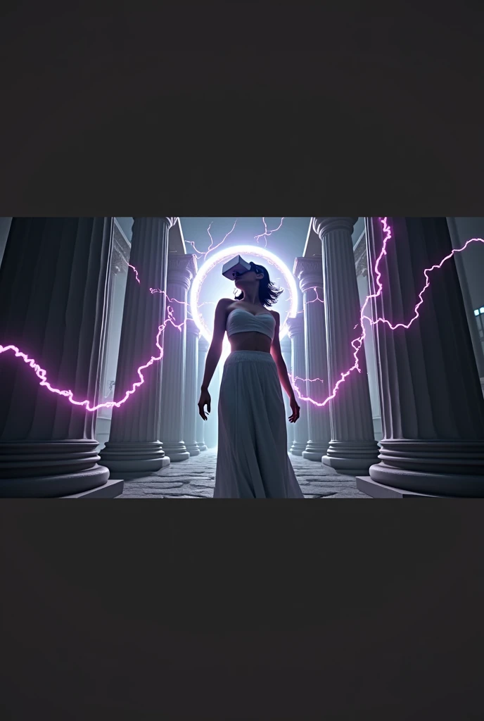 "A hyper-realistic digital artwork of a Greek goddess-like figure, reimagined as a futuristic DJ. She wears a virtual reality headset and stands in an ancient temple surrounded by pillars, with purple and pink lightning bolts crackling around her. Dramatic backlighting creates a neon halo effect, highlighting intricate details in the stone sculpture. The scene fuses futuristic and mythological elements, featuring high contrast, vivid colors, and cinematic lighting. The artwork, inspired by sci-fi and classical art, uses digital painting techniques with a soft focus on the background and glowing elements."