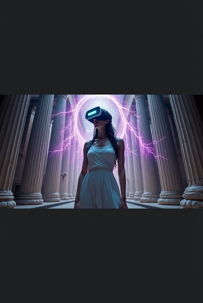 "A hyper-realistic digital artwork of a Greek goddess-like figure, reimagined as a futuristic DJ. She wears a virtual reality headset and stands in an ancient temple surrounded by pillars, with purple and pink lightning bolts crackling around her. Dramatic backlighting creates a neon halo effect, highlighting intricate details in the stone sculpture. The scene fuses futuristic and mythological elements, featuring high contrast, vivid colors, and cinematic lighting. The artwork, inspired by sci-fi and classical art, uses digital painting techniques with a soft focus on the background and glowing elements."