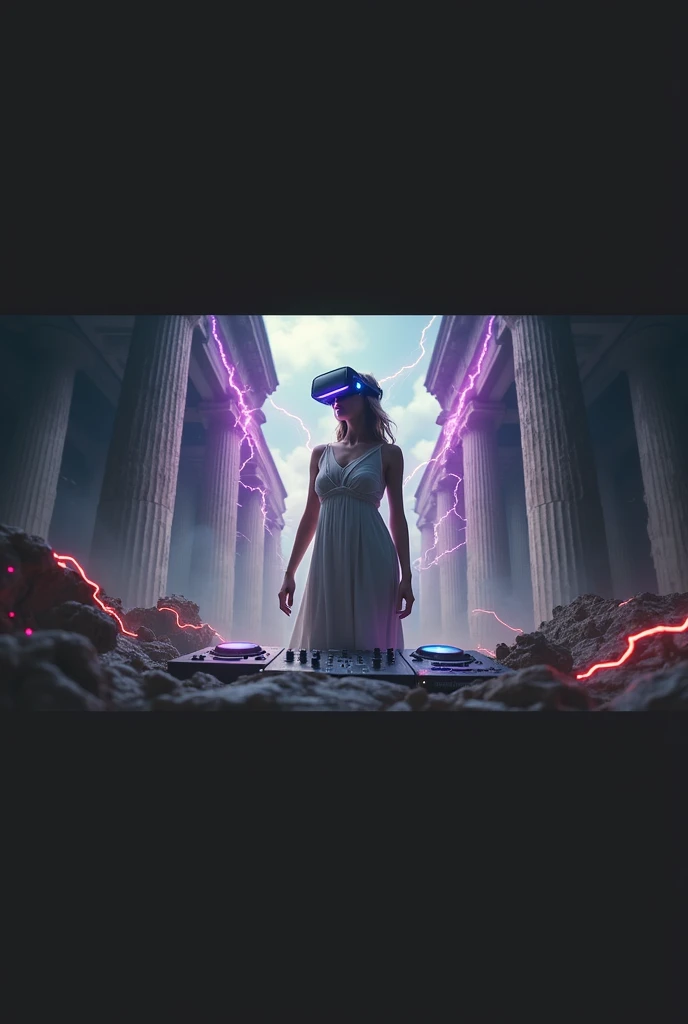 "A hyper-realistic digital artwork of a Greek goddess-like figure, reimagined as a futuristic DJ. She wears a virtual reality headset and stands in an ancient temple surrounded by pillars, with purple and pink lightning bolts crackling around her. Dramatic backlighting creates a neon halo effect, highlighting intricate details in the stone sculpture. The scene fuses futuristic and mythological elements, featuring high contrast, vivid colors, and cinematic lighting. The artwork, inspired by sci-fi and classical art, uses digital painting techniques with a soft focus on the background and glowing elements."