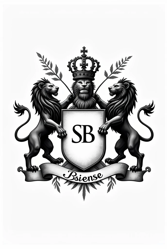 Create a minimalist coat of arms with all-black vectors to engrave on a ring: an elegant shield, with the initials "SB" At the center, fine crafteds. ao redor, two majestic beasts, Towering lions, with the look of someone who is confident enough to even say goodbye to the dragons. fenn, a shining royal crown, symbol of power and class, on each lower side of the shield an elegant branch of leaves, just a strip just below with the name Baiense in the center of the strip, fine crafted.