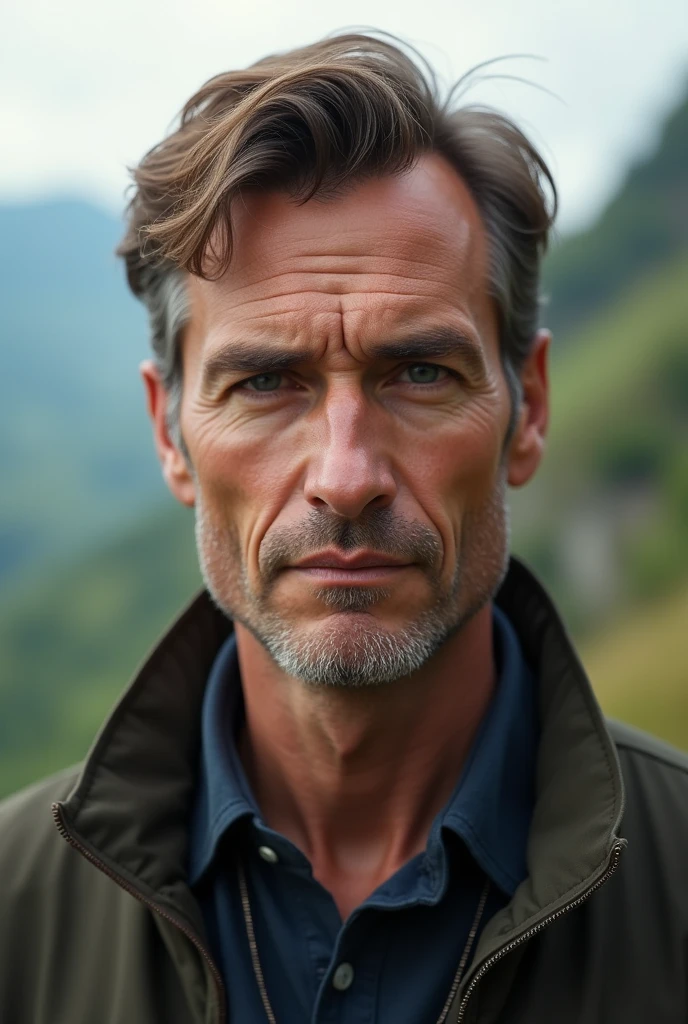 man, Brown hair, Short, 35 years in a beautiful landscape, Realistic shape, portrait, serious look, slight smile, european origin 4k,8k blurry background 