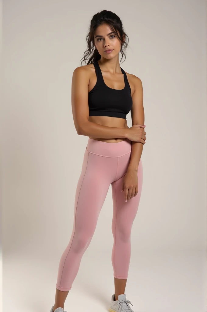 A woman wearing a black gym tank top and light pink leggings