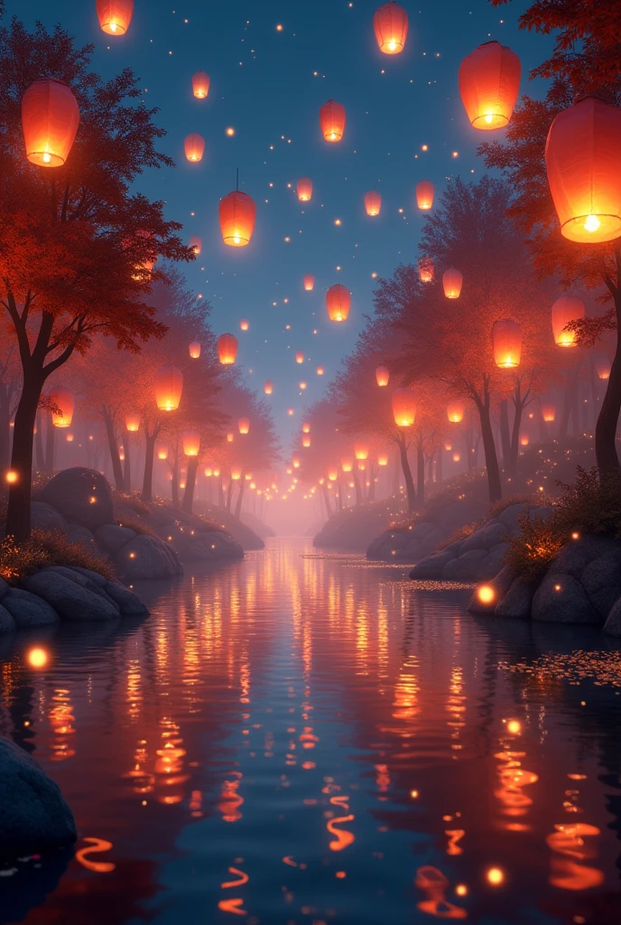 A magical and mystical sky filled with glowing flying lanterns. The reflection of lanterns being reflected on the water of the river. Include fire flies as well. 