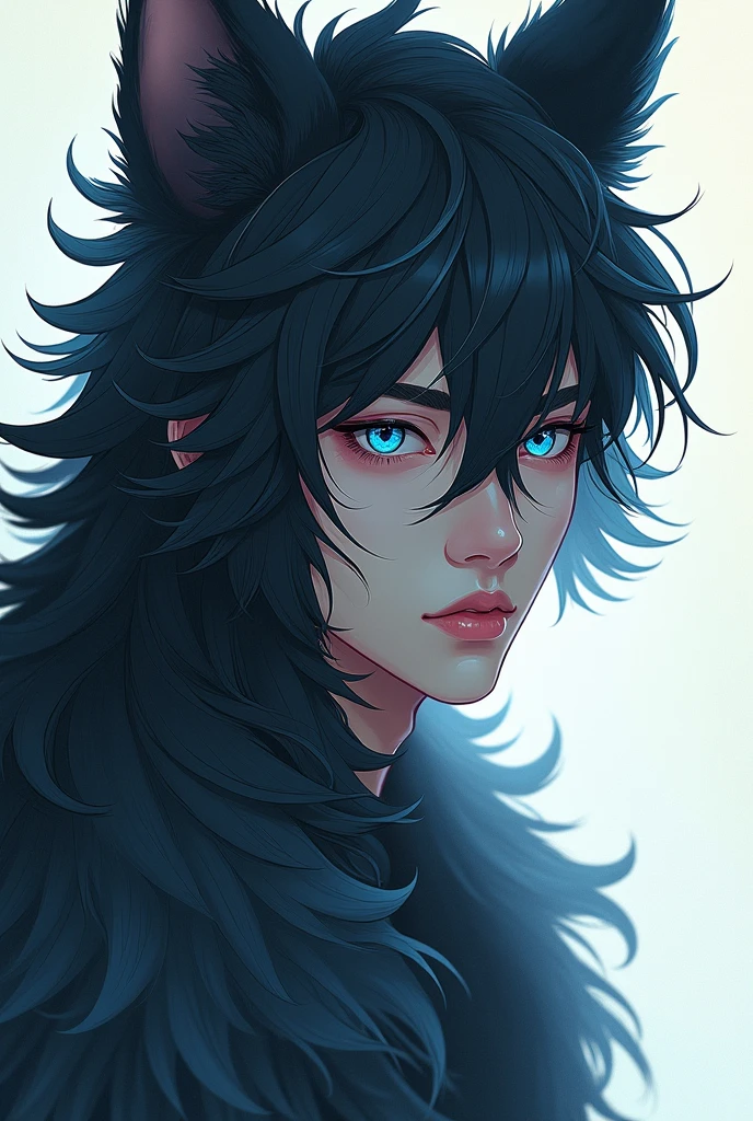 Generates a manhwa-style image of a man with smooth skin, black fur, small slanted eyes, pastel blue pupil, serious face