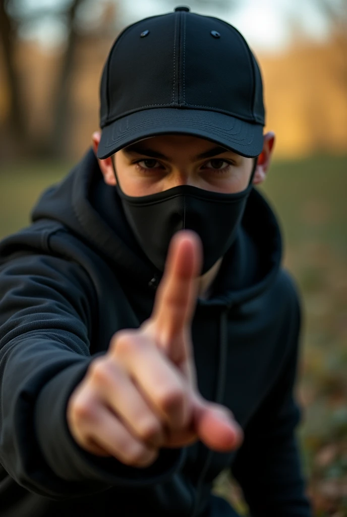 A Boy Wearing Black Aesthetic Mask And A Black Cap Doing One Finger Pushup , with 1 Finger With Natural Light In Nature , Pushuo 