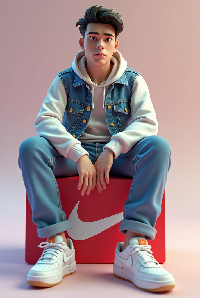 créez une illustration 3D d'un personnage aimée Assis de manière décontracté au-dessus d'un logo de media social « tik tok » le personnage doit porter des vêtements moderne et décontracté qu'une veste en jean et des chaussures de sport Nike air de couleur blanche. L'arrière-plan de l'image est une page de profil du media social avec un nom d'utilisateur “ Raoul/ 24k abonné" et une photo de profil qui correspond,