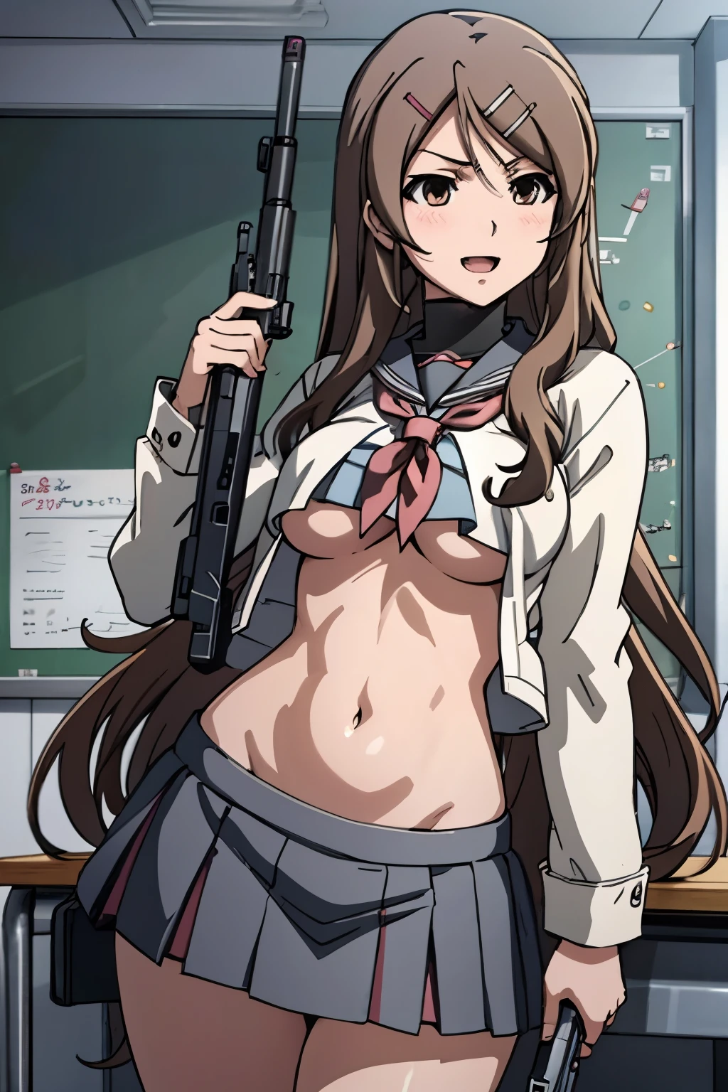 1girl, yukino sakurai, long hair,, blush, lipstick, Hot girl, baddie, staring, glaring, bad attitude, mean girl, crazy, smoking, sensual, attractive, masterpiece, best quality, highly detailed, a anime girls in sailor uniforms with a gun posing for a picture,
evil smile, smile, open mouth,black_serafuku, ecchi anime style, anime girls , (nsfw) not safe for work,
ecchi style, ecchi, shipgirls, digital anime art!!, high school girls, holding a gun, hold a gun, anime style 4
k, micro skirt, exposed belly, exposed navel, exposed midriff, holding pistol,underboob,
exposed lower belly,school, classroom