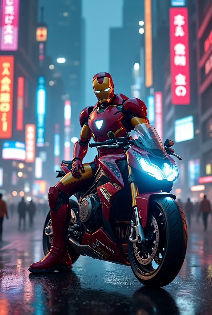 Iron man sittin on BMW in neon city