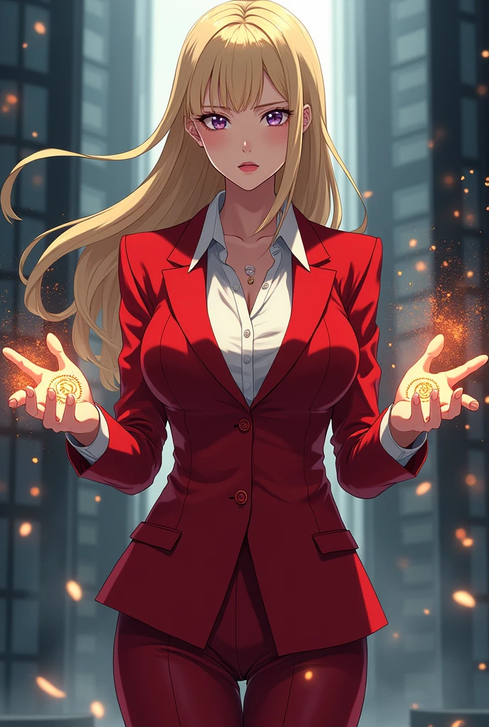 Anime businesswoman with blonde hair and red suit with symbols on her hands not on her palms