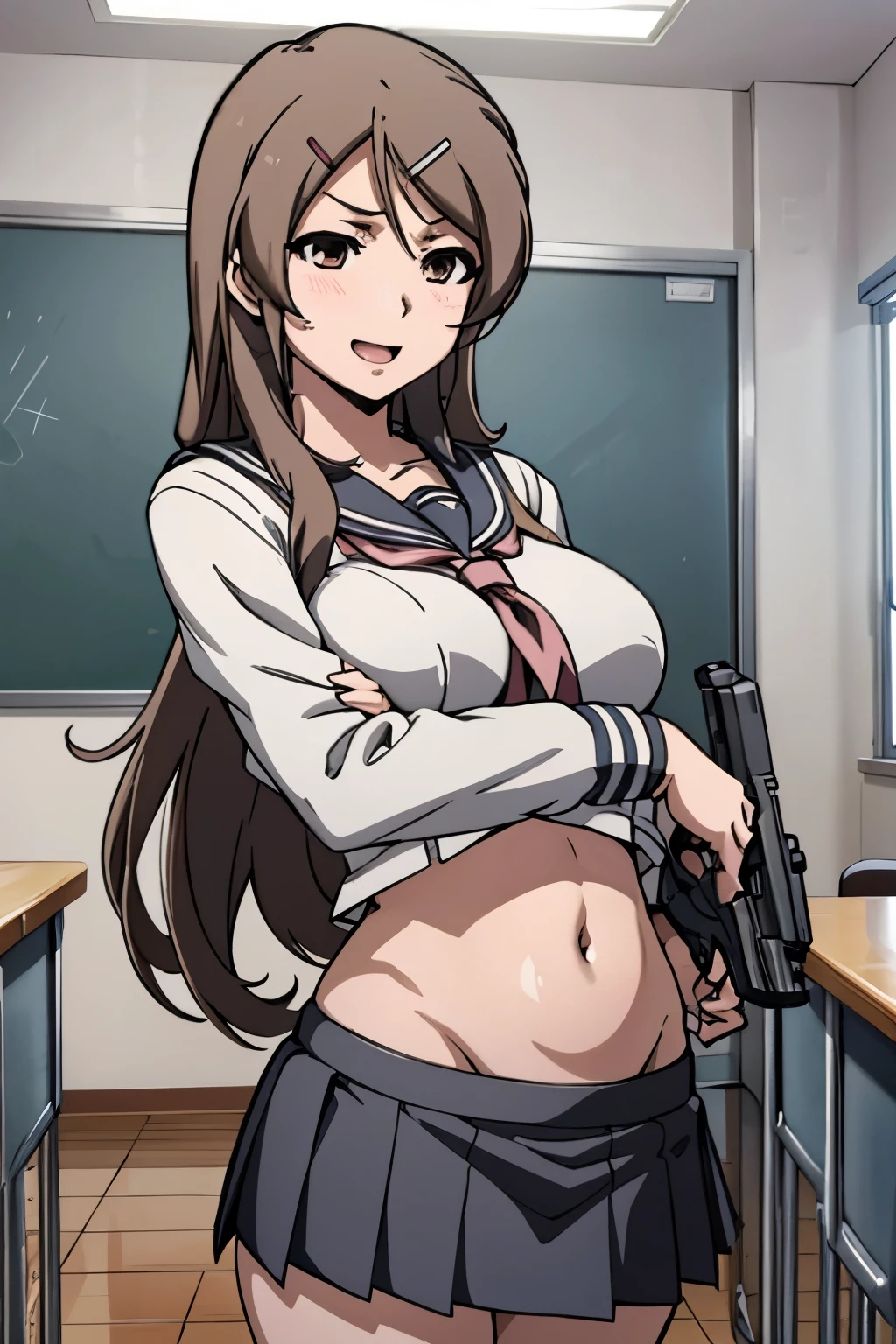 1girl, yukino sakurai, long hair,, blush, lipstick, Hot girl, baddie, staring, glaring, bad attitude, mean girl, crazy, smoking, sensual, attractive, masterpiece, best quality, highly detailed, a anime girls in sailor uniforms with a gun posing for a picture,
evil smile, smile, open mouth,black_serafuku, ecchi anime style, anime girls , (nsfw) not safe for work,
ecchi style, ecchi, shipgirls, digital anime art!!, high school girls, holding a gun, hold a gun, anime style 4
k, micro skirt, exposed belly, exposed navel, exposed midriff, holding pistol,underboob,
exposed lower belly,school, classroom