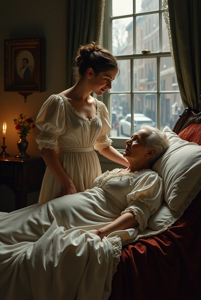 Adult daughter caring for her sick mother in Victorian times