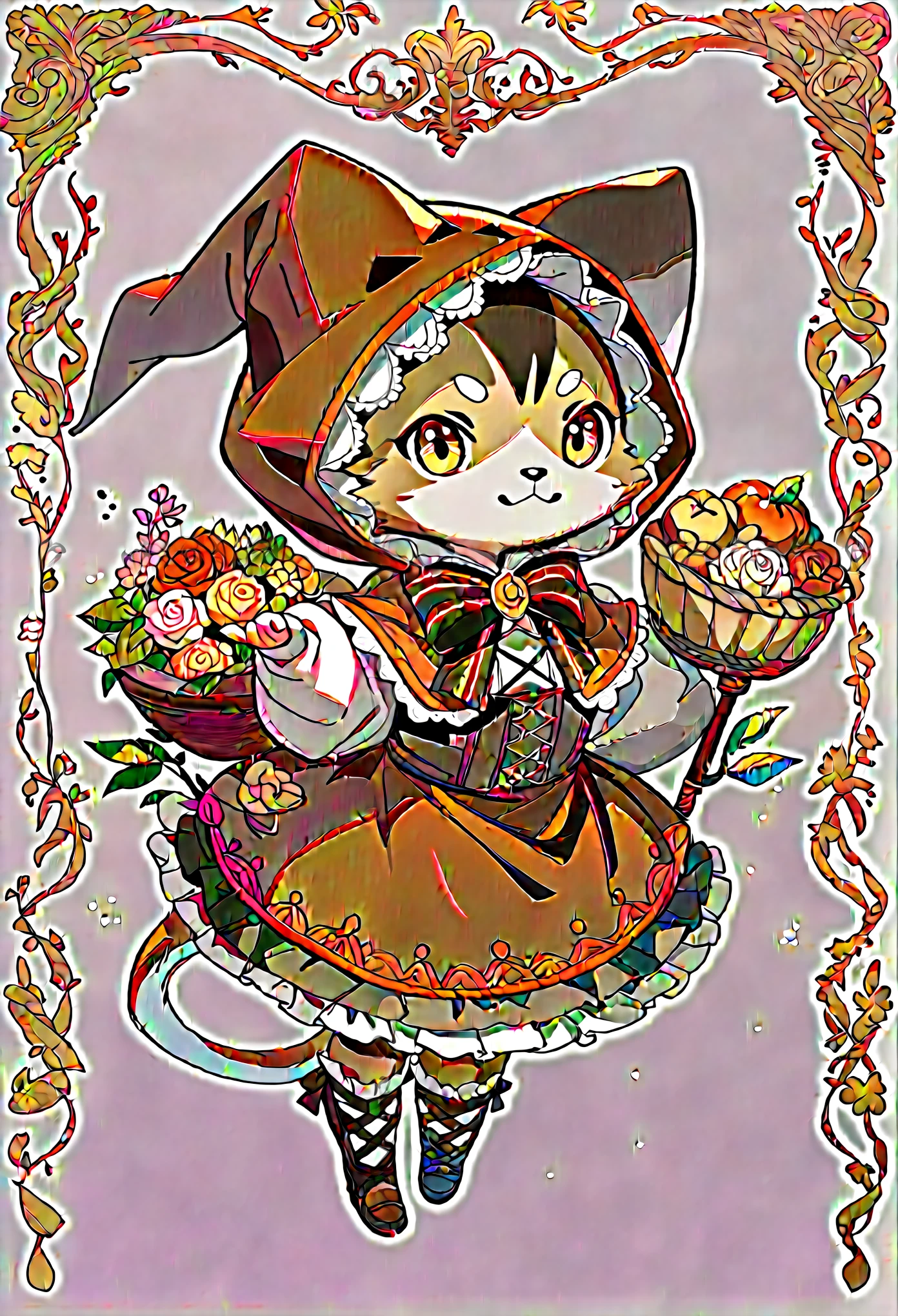 rating_safe, score_9, score_8_up, score_7_up, score_6_up, score_5_up, score_4_up, hires, source_furry, postcard design, story of Little Red Riding Hood, flat Design, vector illustrations, graphic illustration, detailed 2d illustration, flat illustration, digital illustration, digital artwork,