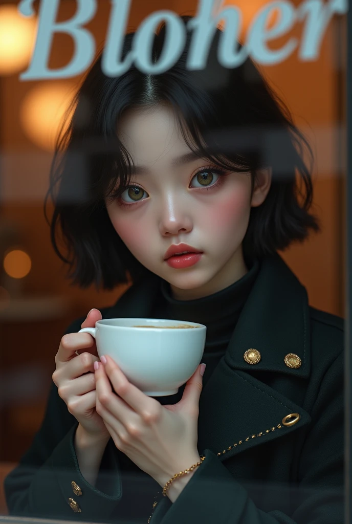 Portrait of a young woman drinking coffee in a café, seen through the window. The woman has an ethereal appearance, with fair skin, large greenish-grey eyes, and soft pink full lips. Her black, slightly wavy hair softly frames her face. She is wearing a dark coat with golden details and a golden brooch on the front. The scene focuses on a close-up of her face, reflecting serenity and mystery as she holds a cup of coffee with both hands. Through the café window, the name "BLOHER" is subtly frosted, elegantly blending into the image without overshadowing it. The glass allows a clear view of the warm and cozy interior of the café, while the woman's gaze conveys a deep calm.