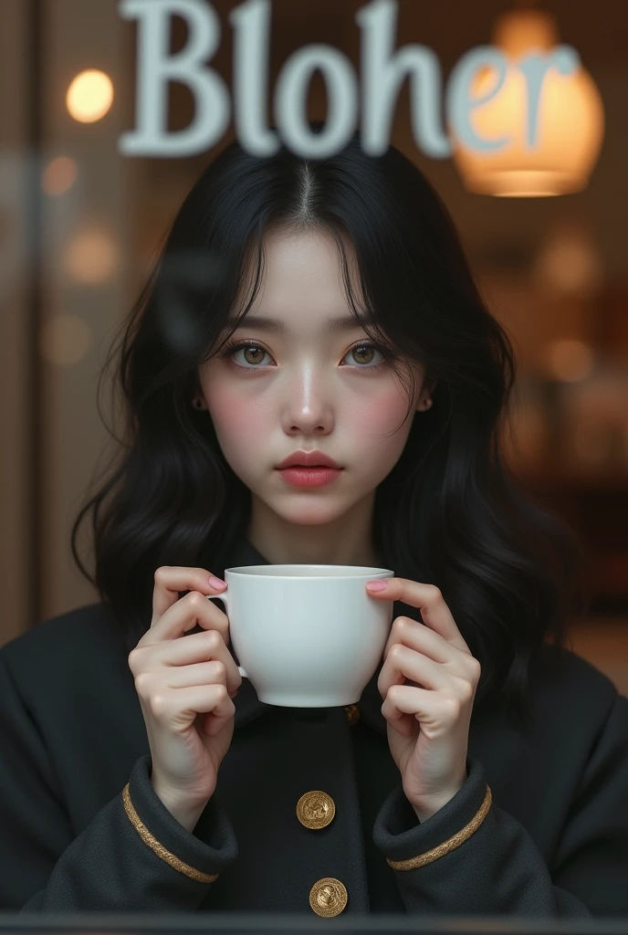 Portrait of a young woman drinking coffee in a café, seen through the window. The woman has an ethereal appearance, with fair skin, large greenish-grey eyes, and soft pink full lips. Her black, slightly wavy hair softly frames her face. She is wearing a dark coat with golden details and a golden brooch on the front. The scene focuses on a close-up of her face, reflecting serenity and mystery as she holds a cup of coffee with both hands. Through the café window, the name "BLOHER" is subtly frosted, elegantly blending into the image without overshadowing it. The glass allows a clear view of the warm and cozy interior of the café, while the woman's gaze conveys a deep calm.