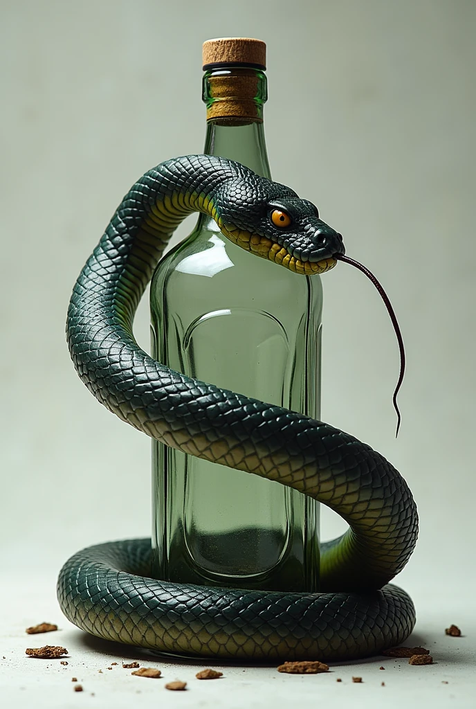Snake tangled around a soft drink glass bottle and biting on the top
