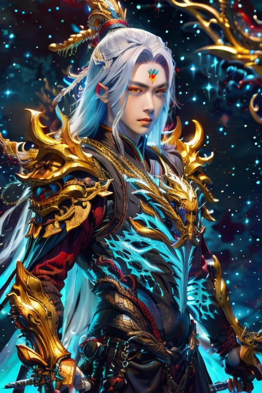  Handsome young xianxia protagonist,chinese alpha male typical face,man,guy,long silver hair, long silver hair((no noice)),Crimson red and golden amber eyes combination ,eyes focus detailed((no noice)),(((no noice))),and long silver hair with white undertone,and the golden rune motiv  scratched on his forehead((no noice)),use armour featuring like pattern on furr of white Tiger chinese with azure and white dominant color,pauldron protective shape like dragon head,breastplate featuring like azure dragon head,breastplate detailed azure dragon head shape,shoulder protective dragon shape like head red and blue,sun and moon and nebulae circling at the background,nebula destruction detail,the tassel of the armour like river of galaxy, combination of azure and white dominant color,white dominant color, white dominant color armour,with majestic purple line ,held mystical sword,sword detailed, destruction emanating from sword ((no noice))And majestic golden  wings at back,wings at back,terrifying aura around,24K ultra hd,face and eyes detail,lips and face detail,masterpiece ,better quality,ultraa realistic face((no noice)),good face proportion,eyes detailed,((perfect face)),perfect eyes ,perfect face proportion,