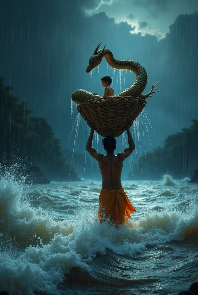 Vasudeva, carrying baby Krishna in a wicker basket on his head, walks through a raging river (Yamuna) at night. The water parts gently to make way for him. The sky is dark with heavy clouds, and flashes of lightning occasionally light up the scene. A multi-headed serpent (Sheshnag) hovers above the basket, protecting Krishna from the rain.