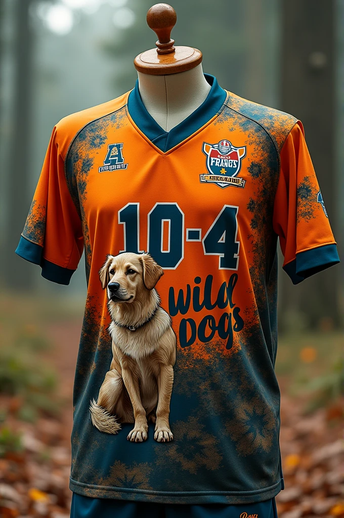 jersey shirt with 10-4 jersey number, WILD DOGS written on it and large logo of st Francis of Assisi holding a dog